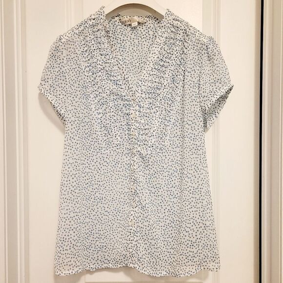 2/$20 Cleo blue & white dot pattern top buttons down shirt blouse - Picture 2 of 5